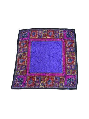 Honey Women's Silk Scarf Vintage 80s Bohemian Vibrant Hand Stitched Square